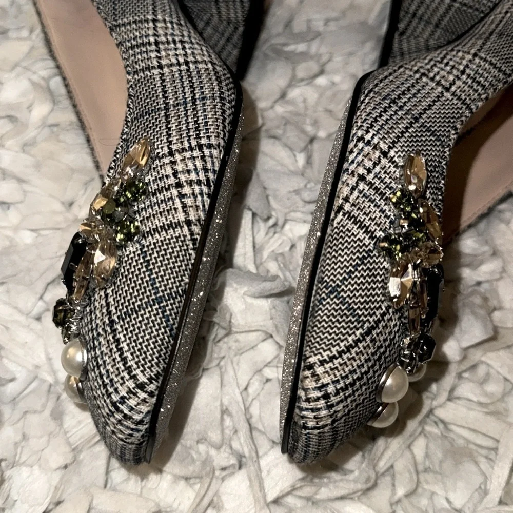 New J. CREW Embellished Jewel Plaid Houndstooth Print  block heel